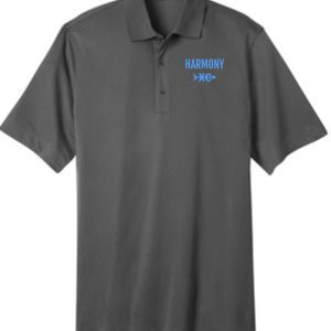 Gray polo shirt with the logo "Harmony XC" embroidered on the left chest area: Harmony XC Mens TALL Gray Smoke polo TLK527