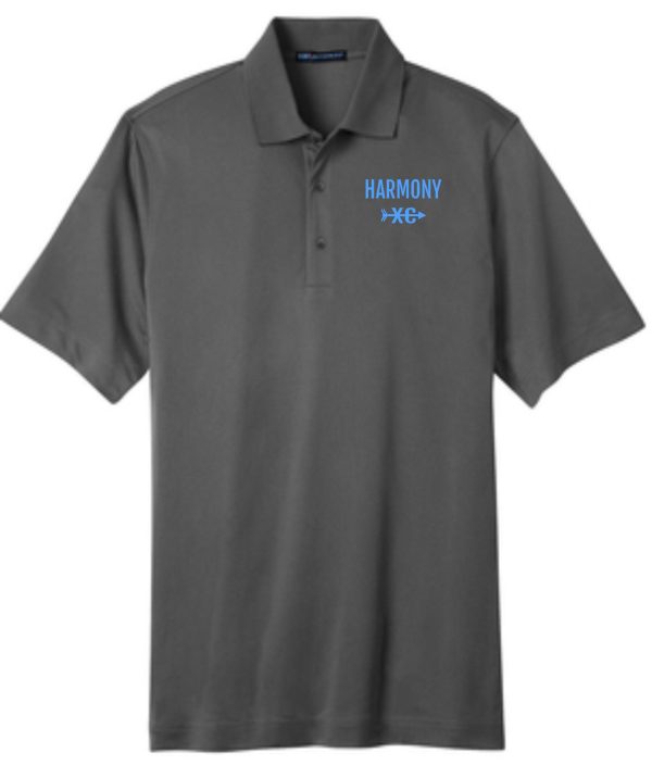 Gray polo shirt with the logo "Harmony XC" embroidered on the left chest area: Harmony XC Mens TALL Gray Smoke polo TLK527