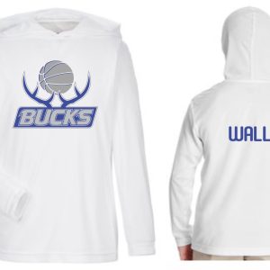 Front and back view of a Bucks Basketball white long sleeve shooting shirt with "bucks" logo on the front and the word "wall" on the back.