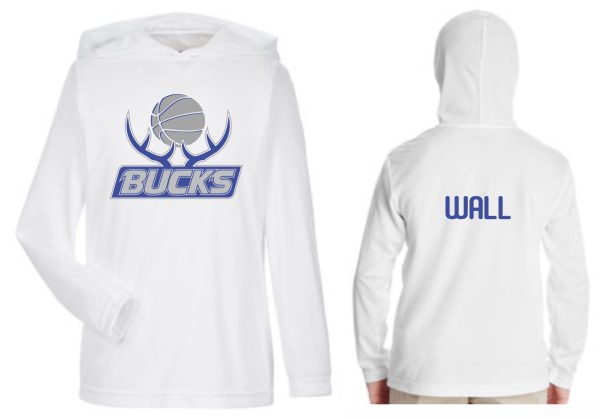 Front and back view of a Bucks Basketball white long sleeve shooting shirt with "bucks" logo on the front and the word "wall" on the back.