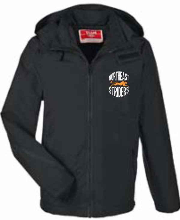 Black jacket with Northeast Striders logo.