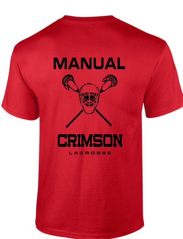 Red t-shirt with lacrosse team logo.