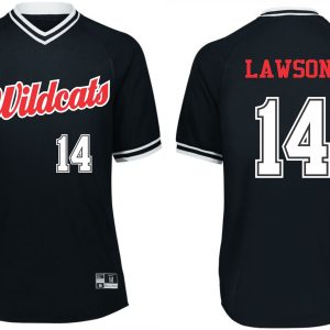 Front and back view of a Waggener Baseball Holloway Red jersey 221021 with "wildcats" on the front and "lawson 14" on the back.