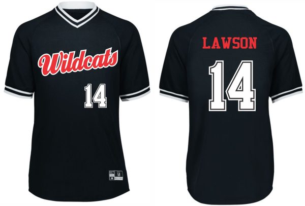 Front and back view of a Waggener Baseball Holloway Red jersey 221021 with "wildcats" on the front and "lawson 14" on the back.