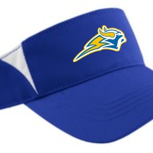 Blue visor with white trim and a logo.