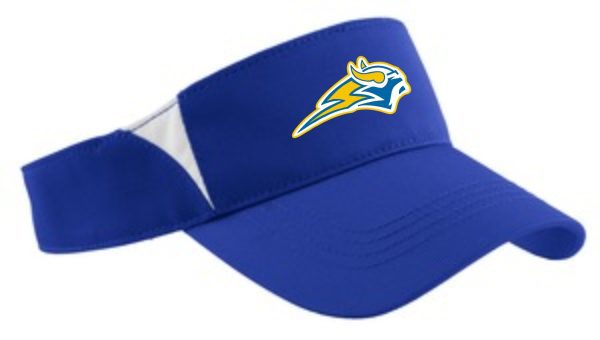 Blue visor with white trim and a logo.