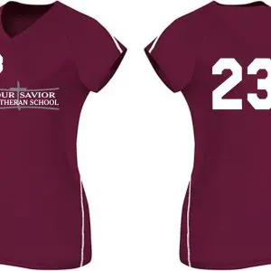 Front and back view of a maroon Our Savior Lutheran 2019 Volleyball jersey with the number 23 and "our savior lutheran school" text on the front.