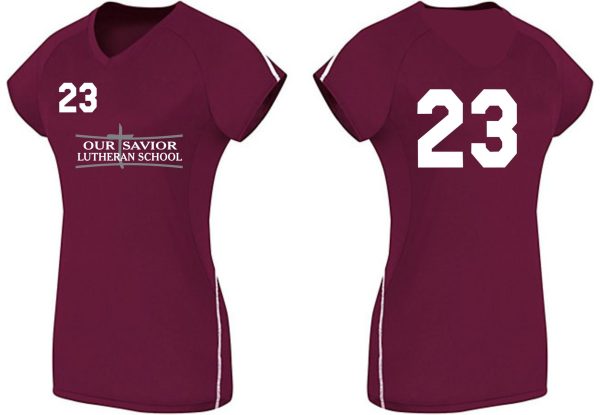 Front and back view of a maroon Our Savior Lutheran 2019 Volleyball jersey with the number 23 and "our savior lutheran school" text on the front.