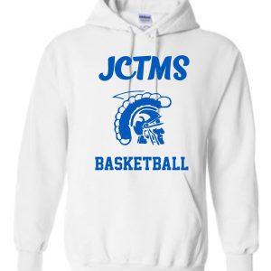 JCTMS Centurion White Royal Hooded sweatshirt G185 with "jctms basketball" printed in blue along with a graphic of a blue spartan helmet.