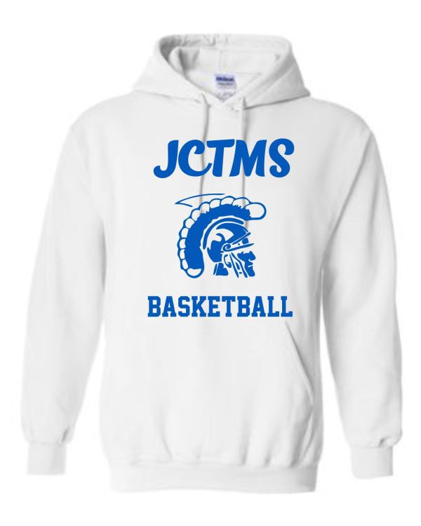 JCTMS Centurion White Royal Hooded sweatshirt G185 with "jctms basketball" printed in blue along with a graphic of a blue spartan helmet.