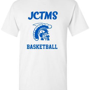 JCTMS Centurion White Royal T shirt G8000 with a blue "jctms basketball" print and a graphic of a spartan helmet.