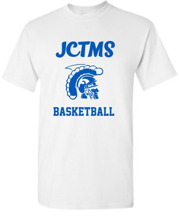 JCTMS Centurion White Royal T shirt G8000 with a blue "jctms basketball" print and a graphic of a spartan helmet.