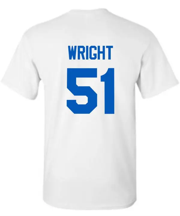 JCTMS Centurions white long sleeve shooters shirt TT11L with the name "wright" and the number 51 in blue on the back.