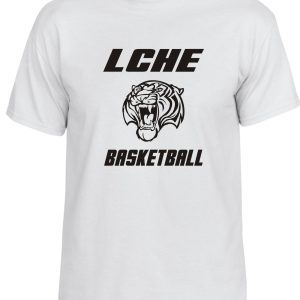 LCHE Tigers White T shirt G8000 with the logo and text "lche basketball" featuring a stylized black and white tiger head.