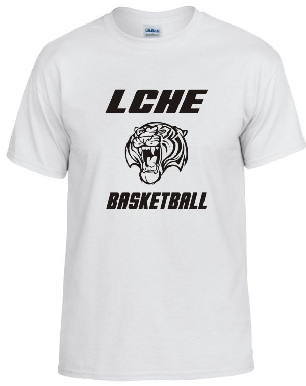 LCHE Tigers White T shirt G8000 with the logo and text "lche basketball" featuring a stylized black and white tiger head.