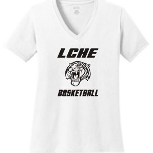 LCHE Tigers Ladies 100% cotton V Neck LPC54V with the text "lche basketball" and a graphic of a tiger's face below the text.