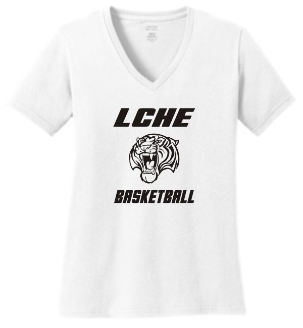 LCHE Tigers Ladies 100% cotton V Neck LPC54V with the text "lche basketball" and a graphic of a tiger's face below the text.