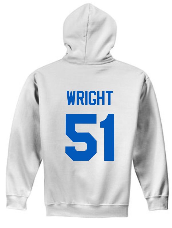 JCTMS Centurion White Royal Hooded sweatshirt G185 with the name "wright" and the number "51" printed in blue on the back.