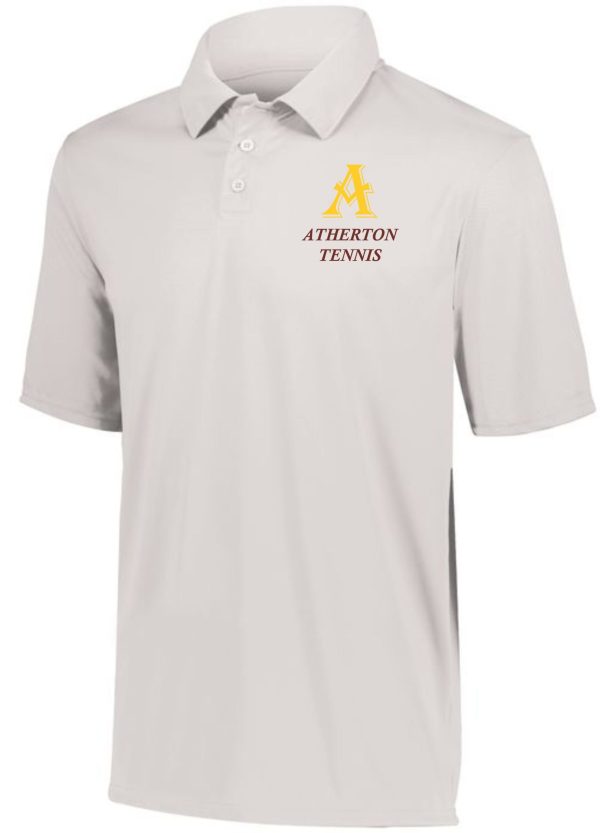 White polo shirt with Atherton tennis logo.