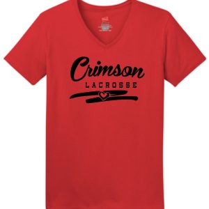 Red v-neck t-shirt with Crimson Lacrosse logo.