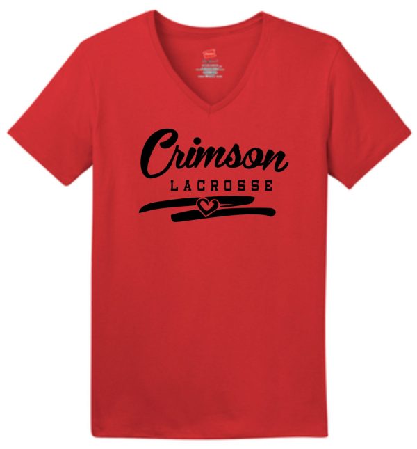 Red v-neck t-shirt with Crimson Lacrosse logo.