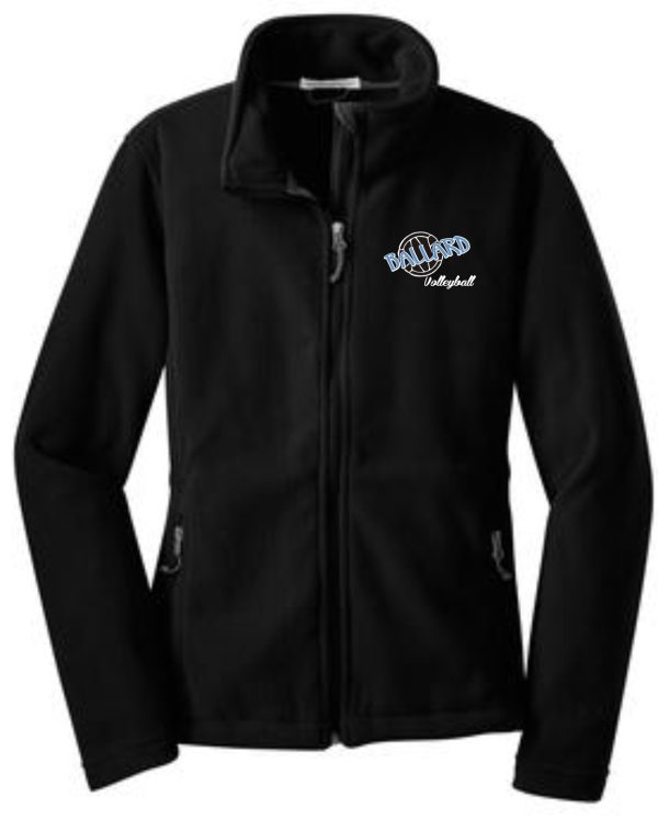 Ballard Volleyball spirit Ladies Fleece full zip jacket L217 with logo embroidery on the left chest, featuring side pockets and a high collar.