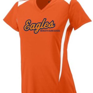 Meredith-Dunn orange Womens Eagles jersey Aug 1055 with "eagles" and "meredith-dunn school" printed on the front, featuring short sleeves and a v-neck.