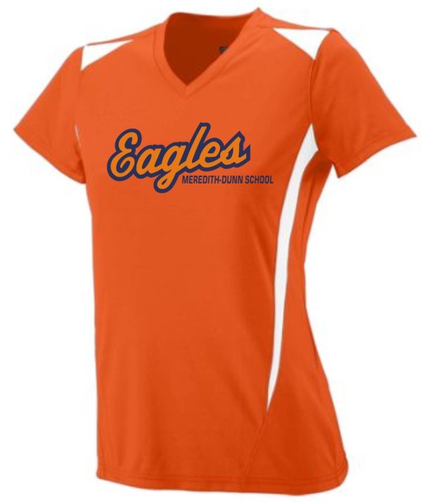 Meredith-Dunn orange Womens Eagles jersey Aug 1055 with "eagles" and "meredith-dunn school" printed on the front, featuring short sleeves and a v-neck.