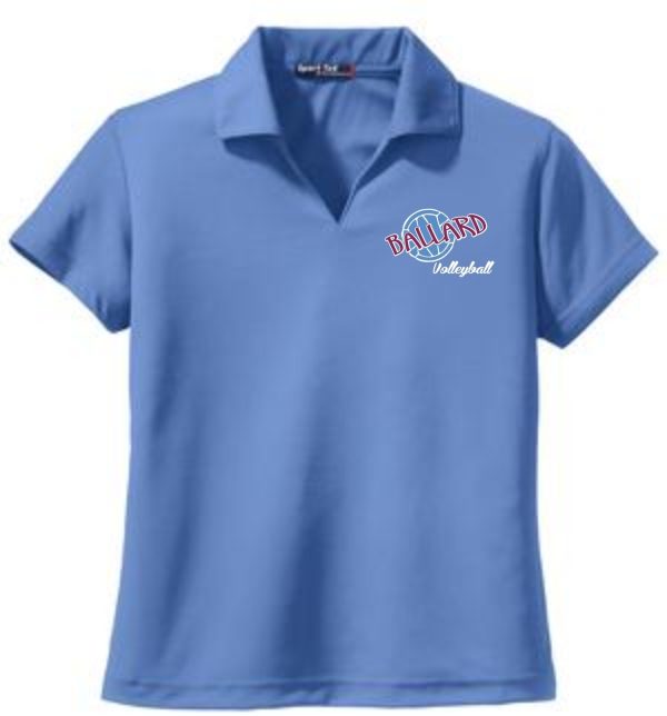 Blue Ballard Volleyball spirit Dri-Mesh Ladies polo L469 with the logo embroidered on the left chest.