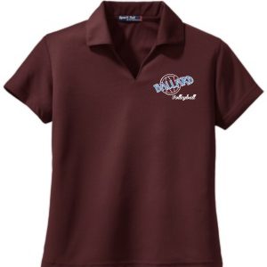 Maroon Ballard Volleyball spirit Dri-Mesh Ladies polo L469 with the "ballard volleyball" logo embroidered on the left chest.