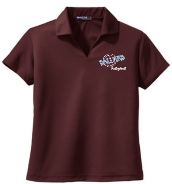 Maroon Ballard Volleyball spirit Dri-Mesh Ladies polo L469 with the "ballard volleyball" logo embroidered on the left chest.