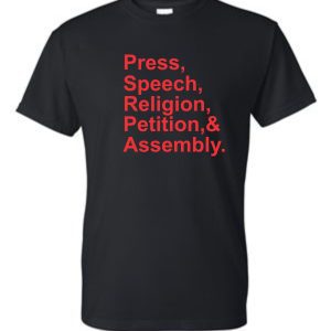 Black t-shirt with red text about rights.