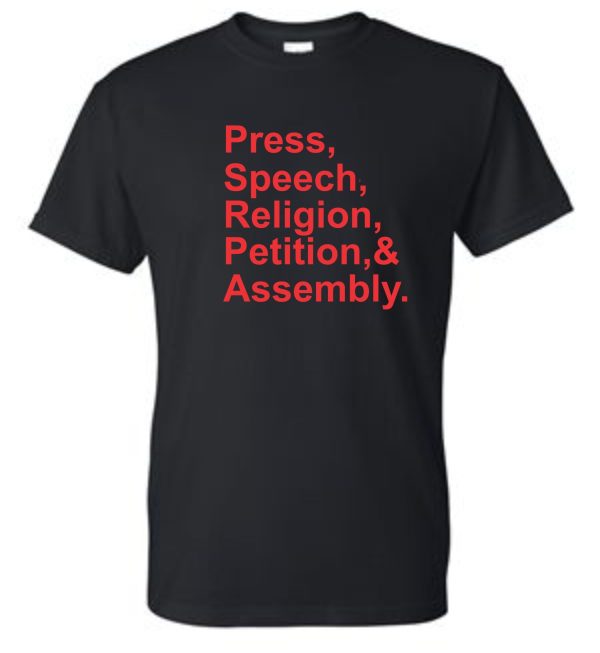 Black t-shirt with red text about rights.