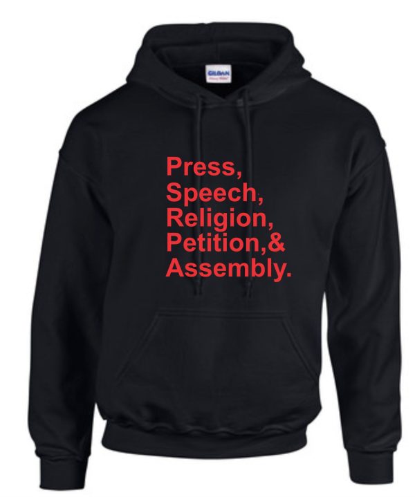 Black hoodie with red text about rights.