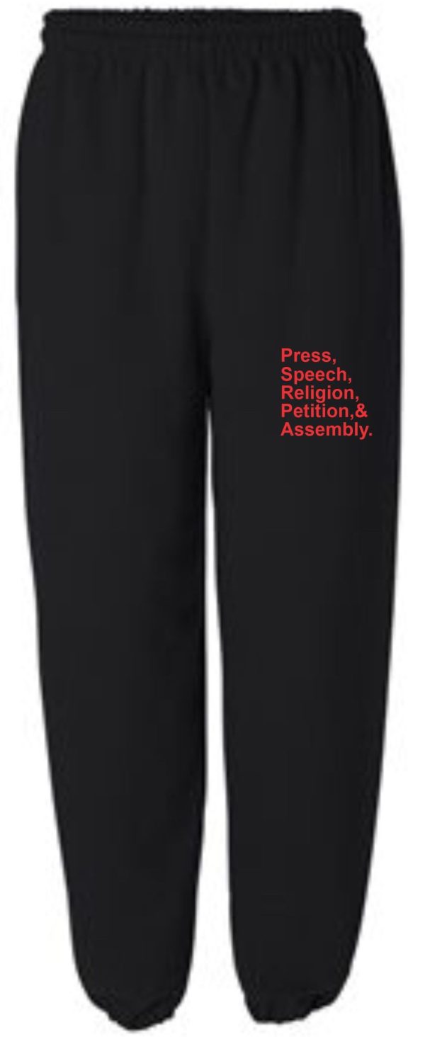 Black sweatpants with First Amendment rights text.