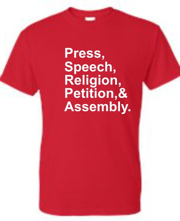 Red t-shirt with First Amendment rights.