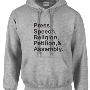 Gray hoodie with First Amendment text.