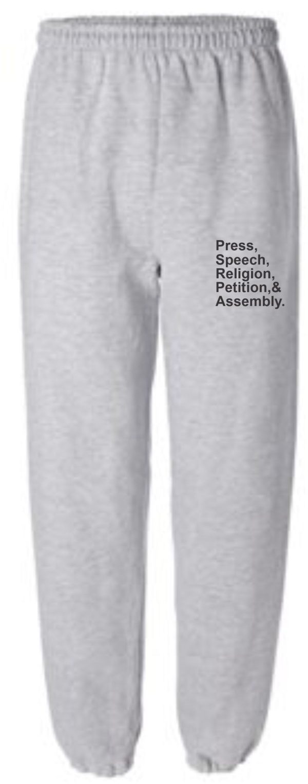 Gray sweatpants with First Amendment rights text.