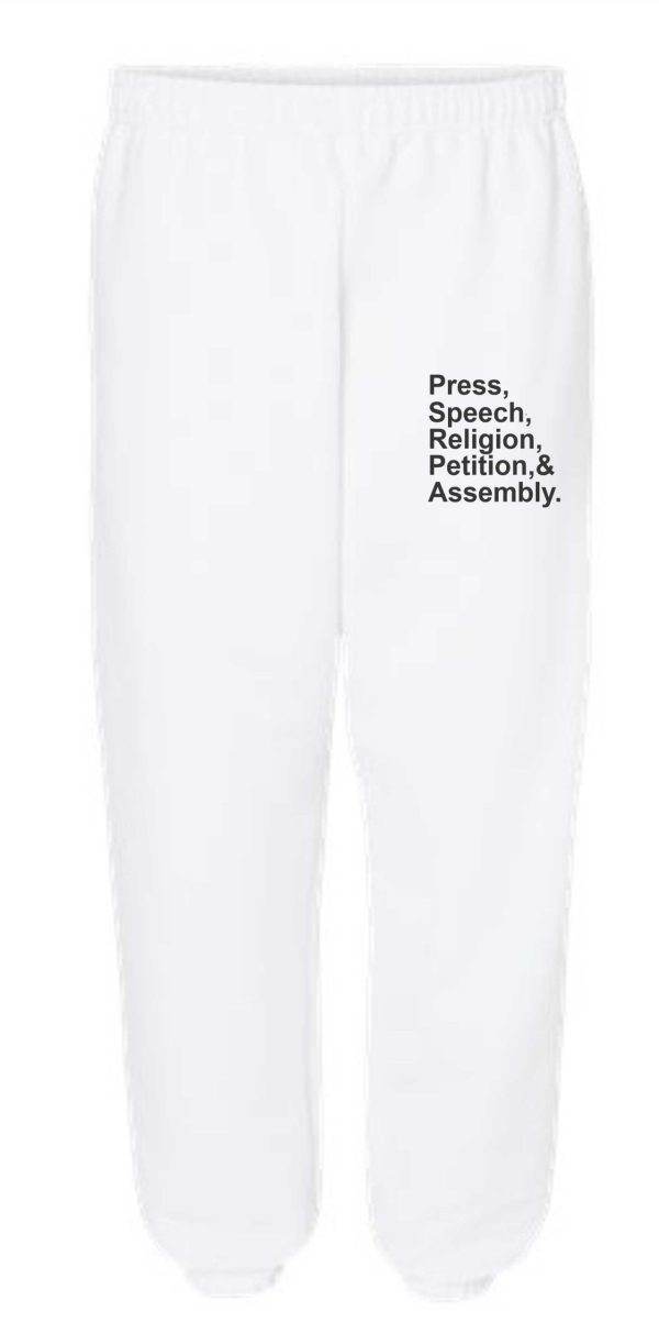 White sweatpants with "Press, Speech, Religion, Petition, & Assembly" text.