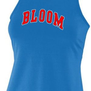 Blue tank top with red BLOOM text.