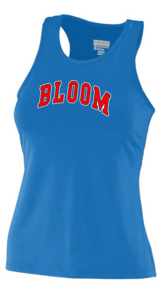 Blue tank top with red BLOOM text.