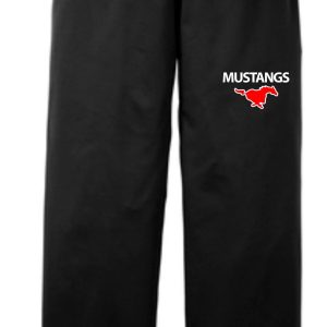 Black sweatpants with red Mustang logo.