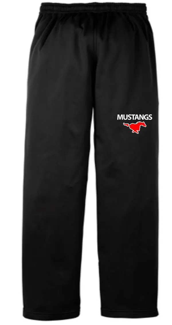 Black sweatpants with red Mustang logo.