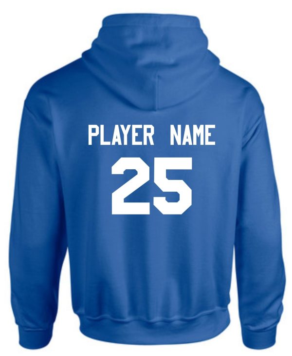 CEC Girls Basketball Ball design Royal Hooded sweatshirt G185 with "player name" and the number "25" printed on the back in white font.