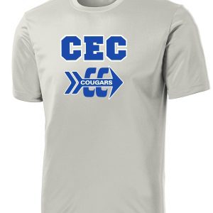 CEC Cross Country moisture wicking silver t-shirt with "cec cougars" printed in blue letters with a graphic of an arrow pointing right.