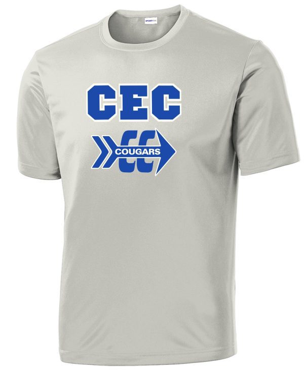 CEC Cross Country moisture wicking silver t-shirt with "cec cougars" printed in blue letters with a graphic of an arrow pointing right.