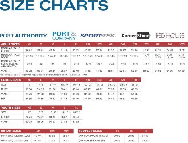 A size chart for SanMar Corp garments including various dimensions like chest, waist, hip size, and inseam in inches across multiple brands such as sports authority, company x, and style r.