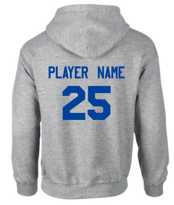 CEC Girls Basketball Ball design Gray Hooded sweatshirt G185 with a hood, featuring the text "player name" and the number "25" in blue on the back.