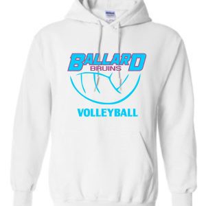 Ballard Volleyball spirit white Hoodie G185 featuring a stylized volleyball graphic.