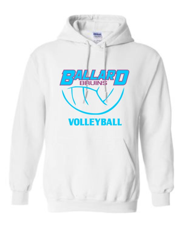 Ballard Volleyball spirit white Hoodie G185 featuring a stylized volleyball graphic.